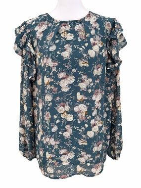 Hayden Los Angeles Teal Floral Blouse Ruffle Spring Cottagecore Romantic Medium